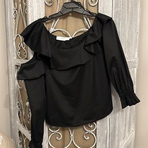 ASTR EUC black one shoulder / cold shoulder ruffle top, size small